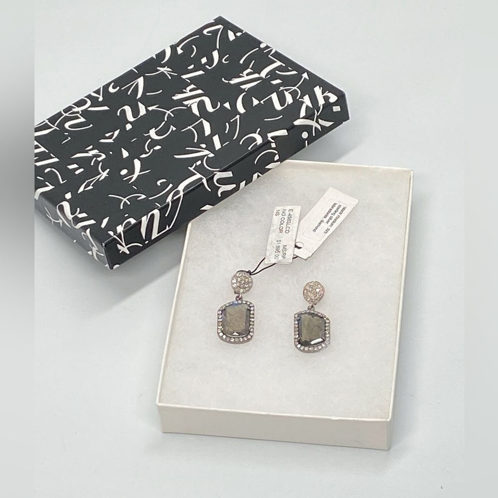Adornia Fine Black Rhodium Sterling Silver Labradorite Diamond Drop Earrings - Picture 3 of 15